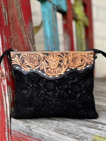 Ladies Tooled Leather Purse with Black Tooled Roughout - ADBG109DM1D - Blair's Western Wear Marble Falls, TX 