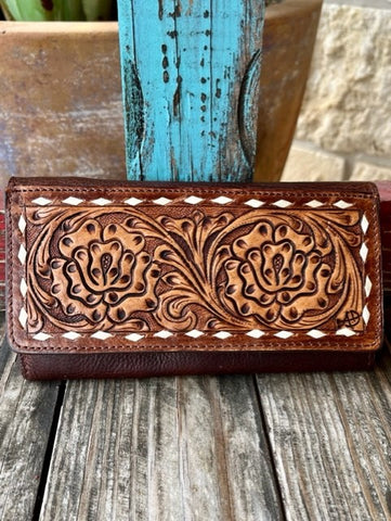 Ladies Tooled Leather Wallet with Rawhide Stitched Edge - ADBGZ393A - Blair's Western Wear Marble Falls, TX 