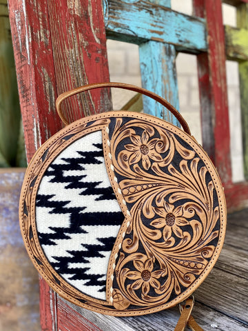 Tan & Black/ White Aztec Lined Ladies Round Leather Western Tooled Purse - ADBG1094 - Blair's Western Wear Marble Falls, TX