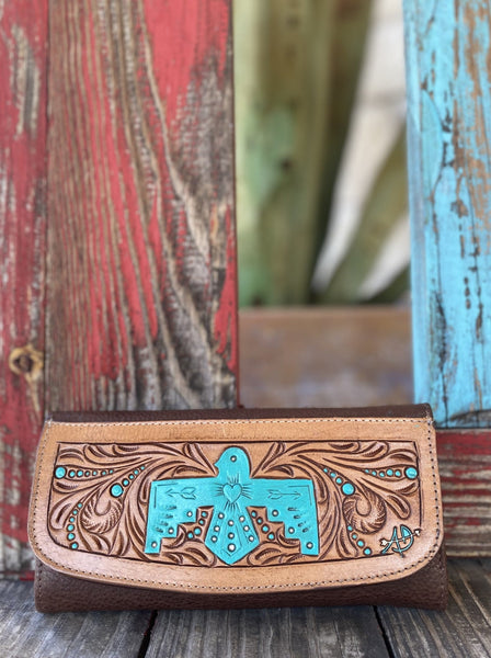 Tan & Turquoise Ladies Hand painted Tool Crossbody / Wallet - ADBGM102B - Blair's Western Wear Marble Falls, TX