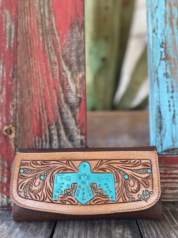 Tan & Turquoise Ladies Hand painted Tool Crossbody / Wallet - ADBGM102B - Blair's Western Wear Marble Falls, TX