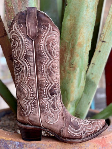 Ladies Embroidered Dress Boot in Brown With Natural Embroiderey - L5893 - Blair's Western Wear Marble Falls, TX 