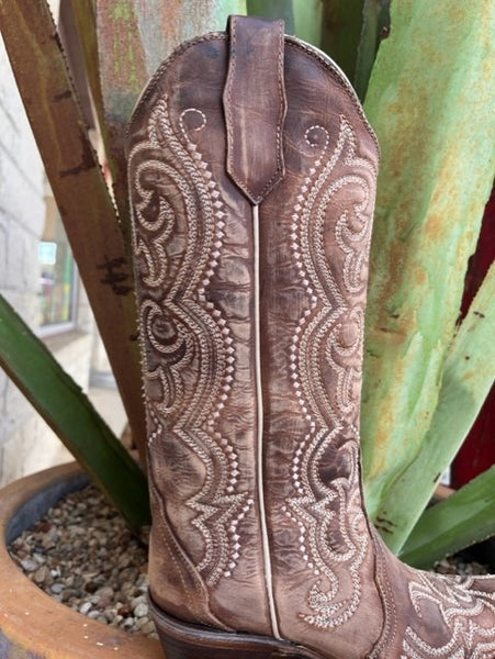 Ladies Embroidered Dress Boot in Brown With Natural Embroiderey - L5893 - Blair's Western Wear Marble Falls, TX