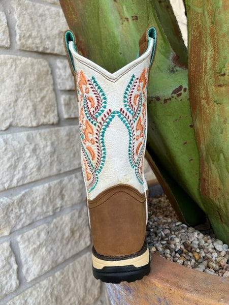 Women's Corral Work Boot with Safety Toe in Brown WHite Coral & Blue - W5010 - Blair's Western Wear Marble Falls, TX