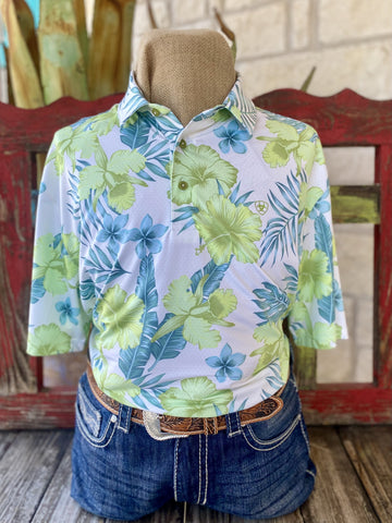 Lime & Teal Tropical Men's Ariat Short Sleeve Pullover - 10051361 - Blair's Western Wear Marble Falls, TX