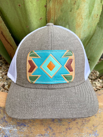 Ladies Hand Tooled Aztec Leather Patch in Heathered Tan/Blue/Green/Brown/White - CAP01AZTECWD - Blair's Western Wear Marble Falls, TX 