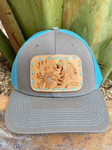 Ladies Tooled Leather Patch Cap in Grey/Turquoise/Brown - CAPMSROSET - Blair's Western Wear Marble Falls, TX 