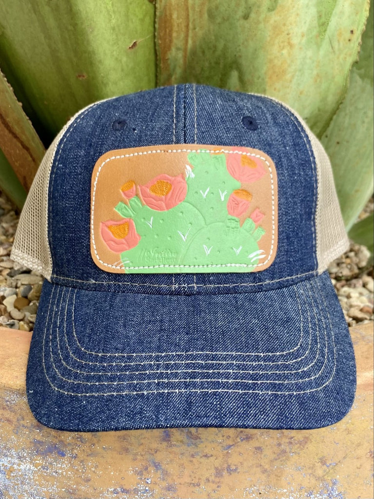Ladies Hand Tooled Leather Patch Cap with Cactus Flowers CAP14CAC03 Blair's Western Wear