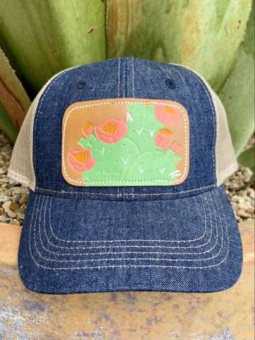 Ladies Hand Tooled Leather Patch Cap of Cactus FLowers in Denim/Tan/Green/Pink - CAP14CAC03 - Blair's Western Wear Marble Falls, TX 