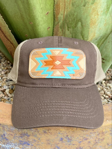 Ladies Tooled Leather Patch Cap in Brown/Tan/Turquoise - CAP14AZTECBW - Blair's Western Wear Marble Falls, TX 