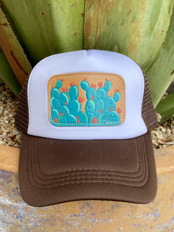 Ladies Trucker Hat in Brown/White with Tooled Leather Patch of Cuctus Flowers - CAPFMTGC - Blair's Western Wear Marble Falls, TX 