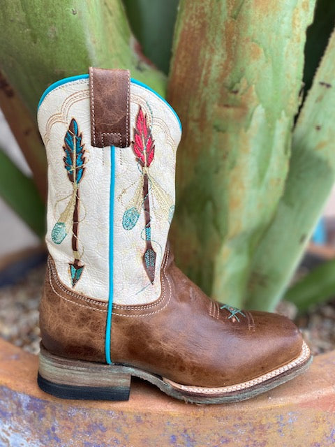 Kids Roper Boot in Brown, Creme, Pink, Blue with Arrow Embroidered Shaft - 91870228287 - Blair's Western Wear Marble Falls, TX 