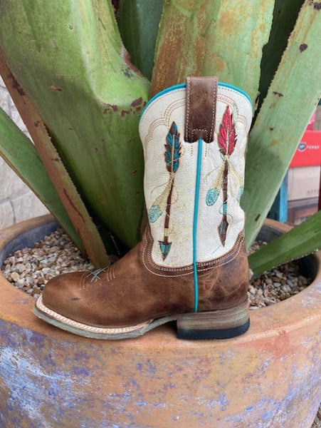 Kids Roper Boot in Brown, Creme, Pink, Blue with Arrow Embroidered Shaft - 91870228287 - Blair's Western Wear Marble Falls, TX