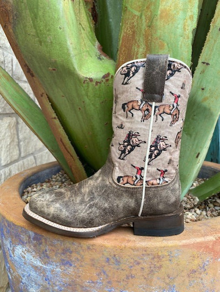 Kids Roper Boot with Distressed Brown Vamp & Bucking Cowboy Shaft - 9189991116 - Blair's Western Wear Marble Falls, TX