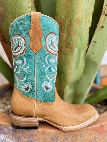 Kids Circle G Boot in Teal & Tan with Embroidered Flowers on Shaft - J7101 - Blair's Western Wear Marble Falls, TX 