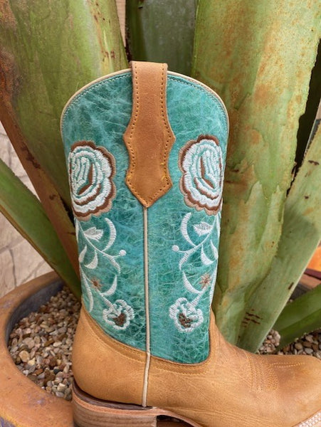 Kids Circle G Boot in Teal & Tan with Embroidered Flowers on Shaft - J7101 - Blair's Western Wear Marble Falls, TX