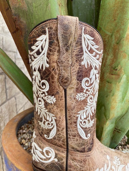 Kids Corral Boots in Brown and White Embroidery - T0118 - Blair's Western Wear Marble Falls, TX