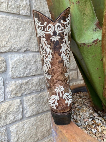 Kids Corral Boots in Brown and White Embroidery - T0118 - Blair's Western Wear Marble Falls, TX