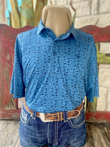 Blue Camping Pattern Men's Ariat Short Sleeve Pullover - 10051371 - Blair's Western Wear Marble Falls, TX