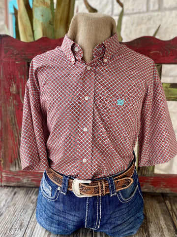 Red & Turquoise Print Cinch Western Short Sleeve Dress Shirt - MTW1111456 - Blair's Western Wear Marble Falls, TX