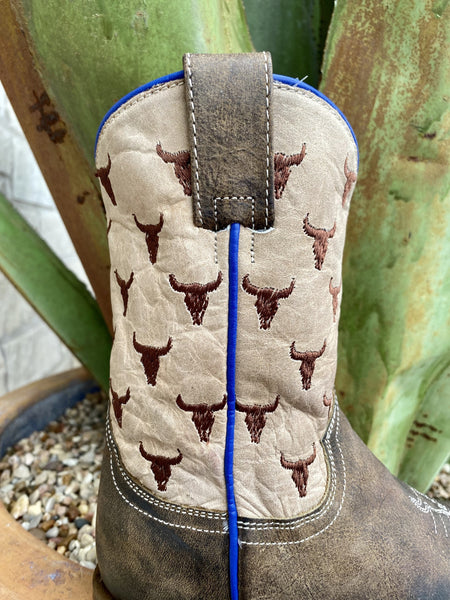 Kids Roper Boot with Embroidered Steer Heads in Brown/Tan - 91870228402 - Blair's Western Wear Marble Falls, TX