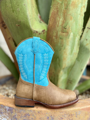 Kids Roper Boot with Zipper in Turquoise & Brown - 91719002924 - Blair's Western Wear Marble Falls, TX 