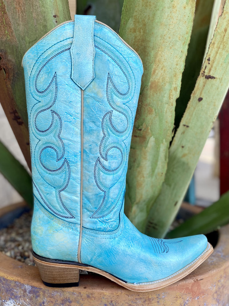 Women's Circle G Western Dress Boot in a Distressed Sky Blue and Embroidered Shaft - L5982 - Blair's Western Wear Marble Falls, TX 