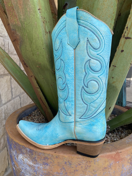 Women's Circle G Western Dress Boot in a Distressed Sky Blue and Embroidered Shaft - L5982 - Blair's Western Wear Marble Falls, TX