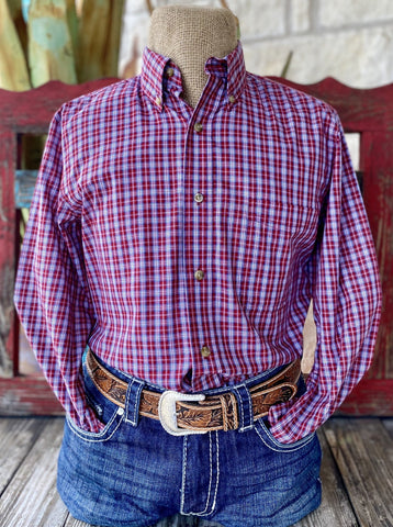 Patriotic Check Men's Western Wrangler Long Sleeve Shirt - 112344292RB - Blair's Western Wear Marble Falls, TX