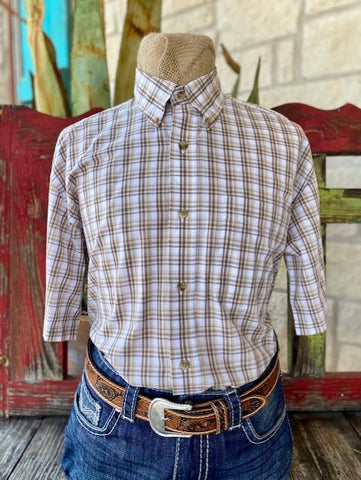 Men's Wrangler Short Sleeve Button Up in Khaki Checker - 112326409K - Blair's Western Wear Marble Falls, TX 