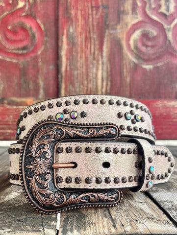 Ladies Studded Belt with Etched Buckle in Bronze & Natural - A15662216 - Blair's Western Wear Marble Falls, TX 