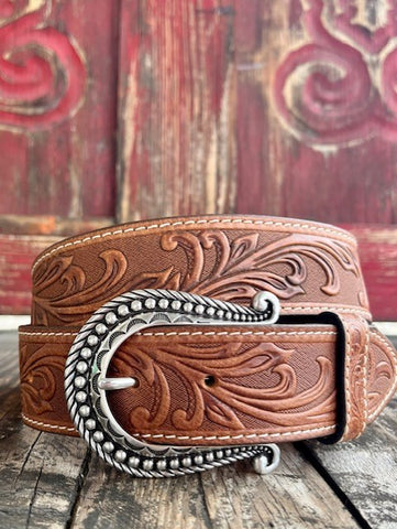 Ladies Plain Tooled Leather Belt with Etched Horseshoe Buckle - C21554 - Blair's Western Wear Marble Falls, TX 