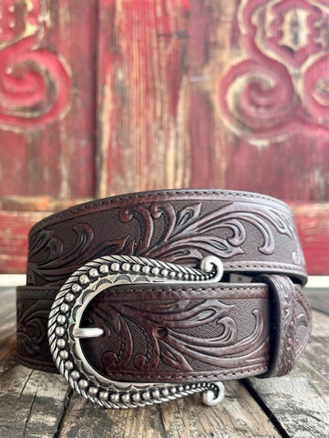 Ladies Tooled Leather Belt with Etched Horseshoe Buckle - C21555 - Blair's Western Wear Marble Falls, TX 