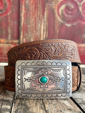 Ladies Tooled Leather BElt with Etched Square Buckle - C50189 - Blair's Western Wear Marble Falls, TX 