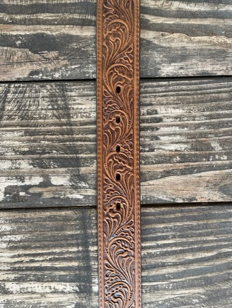 Ladies Tooled Leather BElt with Etched Square Buckle - C50189 - Blair's Western Wear Marble Falls, TX