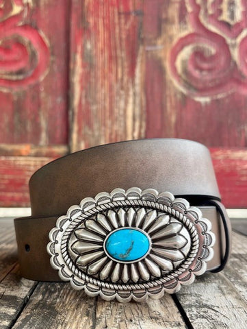 Ladies Smooth Leather Western Belt with Etched Oval Buckle & Inlayed Turquoise Stone - A1512002 - Blair's Western Wear Marble Falls, TX 