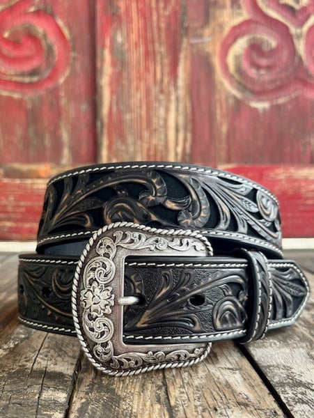 Ladies Black & Brown Tooled Leather Belt - A1565001 - Blair's Western Wear Marble Falls, TX