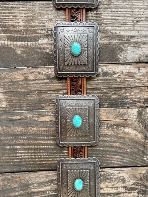 Ladies Tooled Leather Chunky Turquoise Stone Concho Belt
