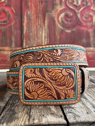 Ladies Tooled Leather Belt with Turquoise Outline - ADBLF179 - BLAIR'S WESTERN WEAR MARBLE FALLS, TX 