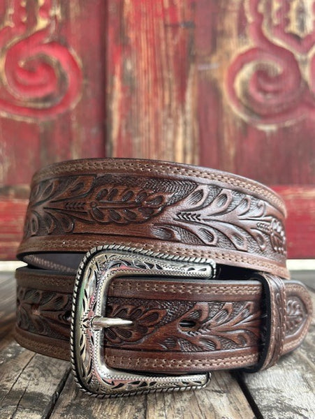 Men's Tooled Leather Belt in Brown with Etched Buckle - N210005402 - Blair's Western Wear Marble Falls, TX 