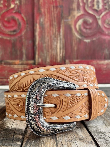 Men's Tan Tooled Leather Belt with Etched Buckle - 26FK17 - Blair's Western Wear Marble Falls, TX 