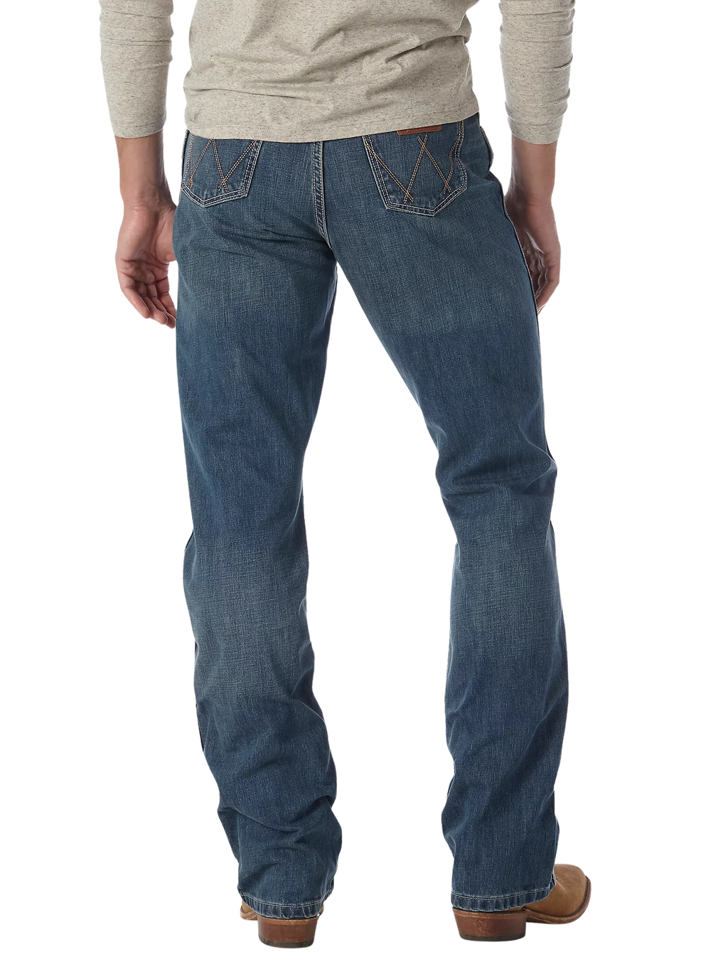 Men's relaxed fit Wrangler Retro bootcut blue jean with W-stitch back pockets, mid rise, and boot-friendly leg opening — Blair's Western Wear Marble Falls TX