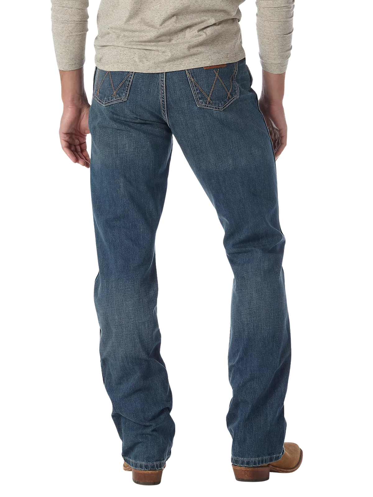 Men's relaxed fit Wrangler Retro bootcut blue jean with W-stitch back pockets, mid rise, and boot-friendly leg opening — Blair's Western Wear Marble Falls TX