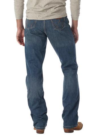 Men's relaxed fit Wrangler Retro bootcut blue jean with W-stitch back pockets, mid rise, and boot-friendly leg opening — Blair's Western Wear Marble Falls TX