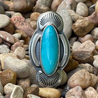 Women's Silver Star Jewelry Ring Turquoise/Silver Oval Shell in turquoise, handcrafted with intricate silver shell detailing, with a genuine turquoise center stone - STARRNSHELL. Available at Blair's Western Wear, Marble Falls, TX.