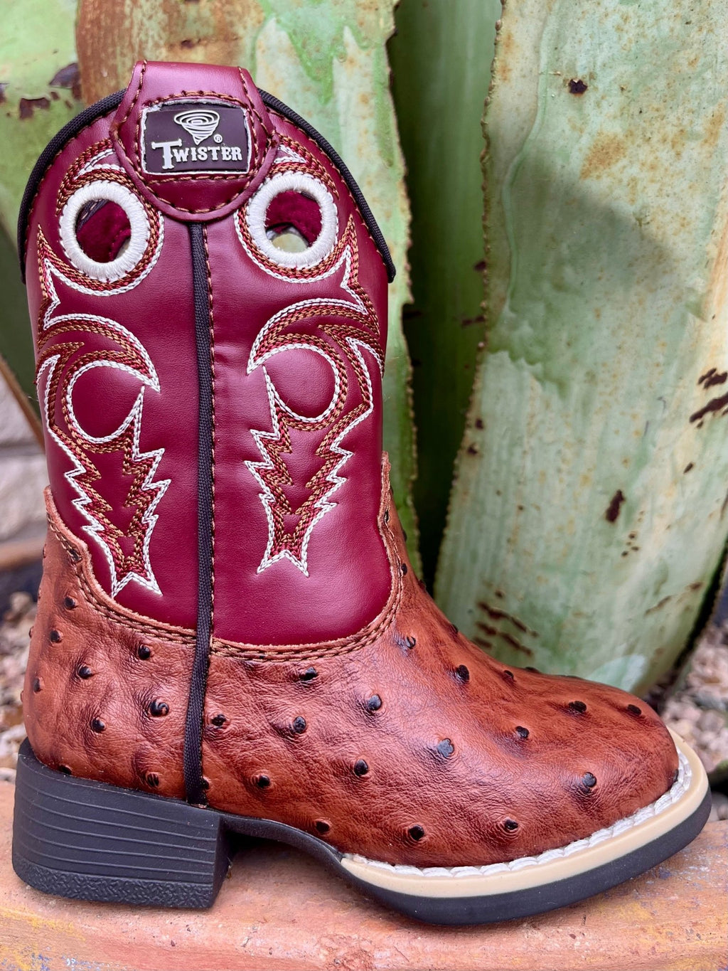Kid's Twister Boots Western Burgundy and Brown Boot in burgundy and brown, moisture management lining with steel shank support - 443010004. Available at Blair's Western Wear, Marble Falls, TX.