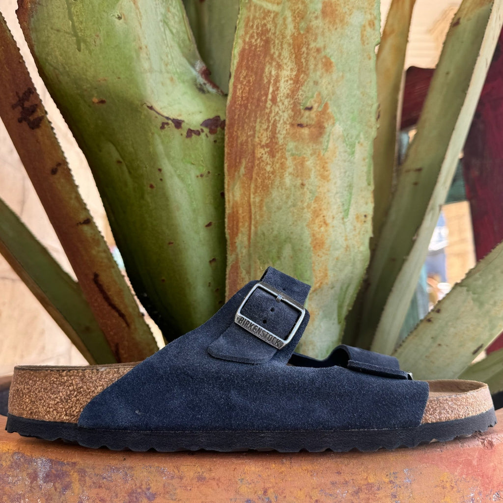 Blue Night suede two-strap sandal with cork-latex footbed and adjustable buckle straps — Blair's Western Wear Marble Falls TX