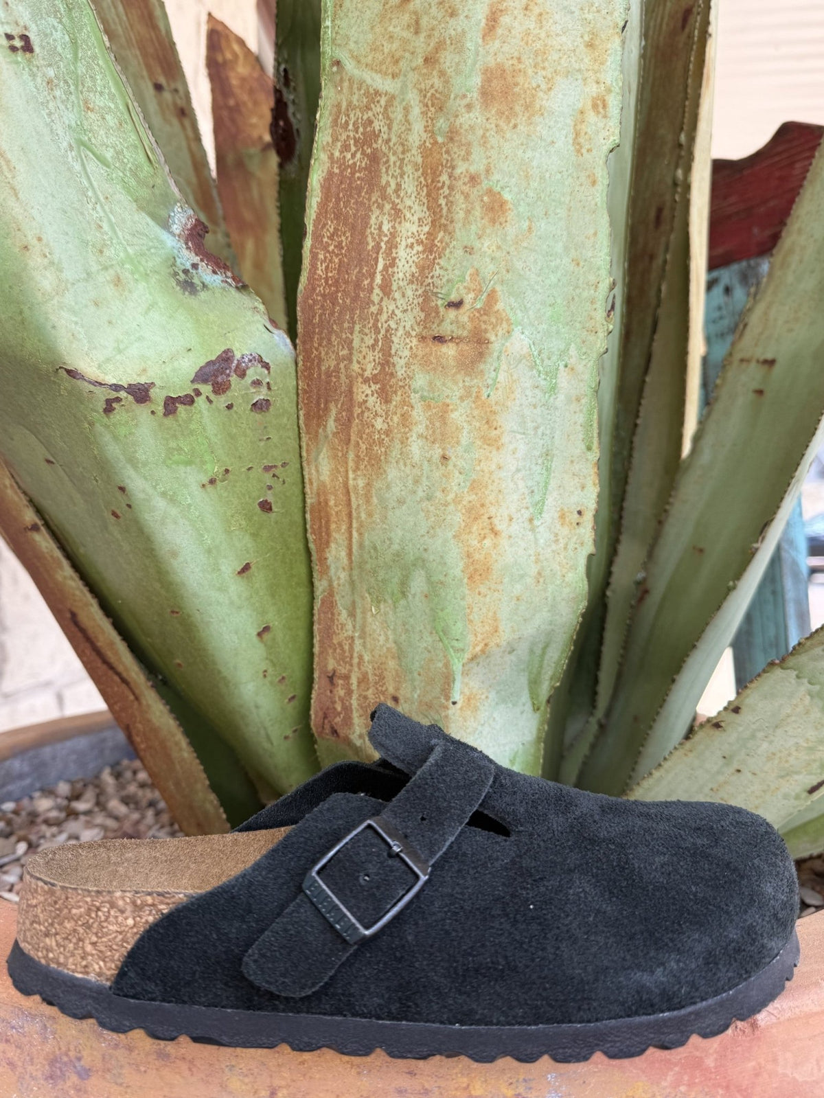 Black suede closed-toe Boston clog with an adjustable buckle strap and contoured footbed — Blair's Western Wear Marble Falls TX