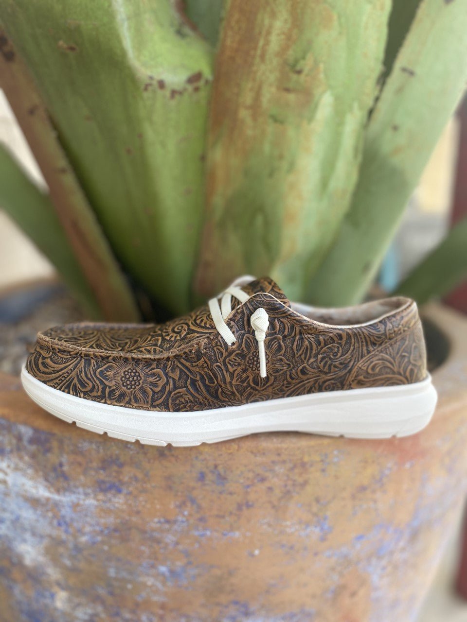Women's Ariat Hilo Brown Tooled Leather Slip-On