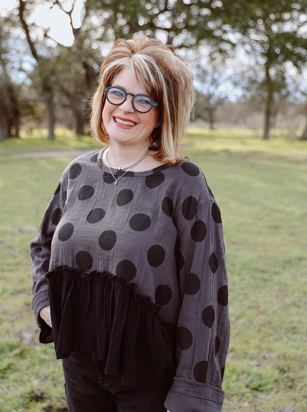 Women's Black and Gray Polka Dot Hi-Low Blouse
